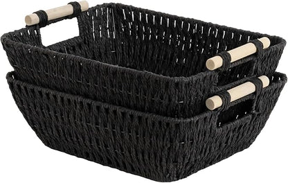 StorageWorks Large Wicker Storage Basket for Organizing with Wooden Handles, Toilet Paper Baskets for Shelf, Black, 2-Pack