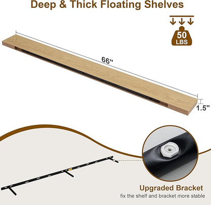 Fun Memories 66 Inch Fireplace Mantel - Long Floating Shelf, Wall Mounted Farmhouse Display with Invisible Heavy Duty Metal Bracket, Oak, 2 Pack