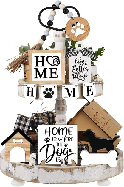 11 Pcs Dog Tiered Tray Decor Dog Home Rustic Farmhouse Tiered Tray Decorations Set Home Wooden Signs Vintage Farm Animal Farmhouse Tabletop Wood Signs for Kitchen Table Shelf Decor