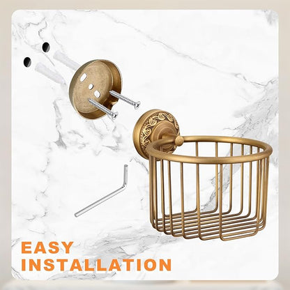 Vintage Wall-Mounted Toilet Paper Holder with Wire Basket Design, Antique Brass, Wall-Mounted Bath Hand Towel Holder with Braiding Carvings, Vintage Style.