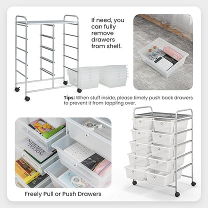 Giantex 10 Drawers Rolling Cart, Classroom Organizers, Storage Cart with Wheels, for Teacher Office Home School Supplies Tool Craft Art Paper, Clear White