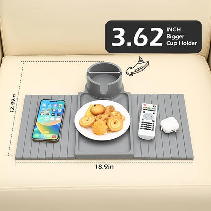 GHKINMAL Couch Cup Holder Tray, Large Couch Arm Table with 360° Ratated Phone Holder, 3 in 1 Bamboo Sofa Armrest Tray with Anti-Slip Couch Organizer for Remote,Cellphone,Snacks