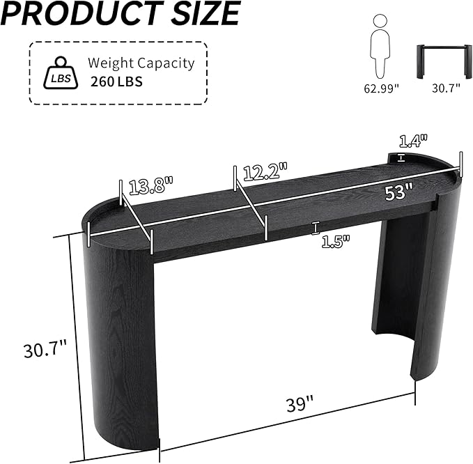 53 Inch Console Table, Modern Entryway Table with Rounded Corners, Narrow Sofa Table Behind Couch for Foyer, Hallway, Living Room,Black