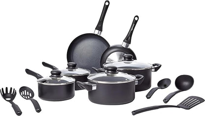 Amazon Basics Ceramic Non-Stick Cookware 15-Piece Set, Pots, Pans and Utensils, Black