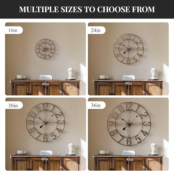 Cuspin Large Retro Rustic Bronze 36 Inch Silent Non-Ticking Battery Operated Metal Round Arabic Numerals Analog Wall Clock for Living Room, Kitchen, Office, Bedroom, Dining Room