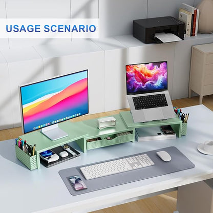 gianotter Dual Monitor Stand Riser, Desk Organizer With Drawer and 2 Pen Holders, Computer Monitor Stand, Desk Shelf for Top of Desk (Sage Green)