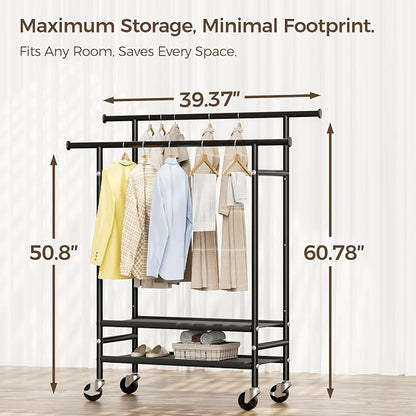 HYSEYY Rolling Clothes Racks, Double Rods Clothing Rack