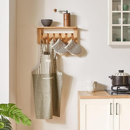 YMYNY Coat Rack Wall Mount with Shelf, Wall Shelf with Retractable Hooks, Wooden Wall Coat Rack for Hanging Clothes/Coats/Keys/Hats/Towels/Bags, Natural, HWS008N