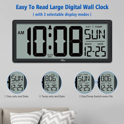 WallarGe 14.5'' Large Digital Wall Clock Battery Operated with Jumbo Numbers, Temperature and Date - Easy to Read and Set, Auto DST