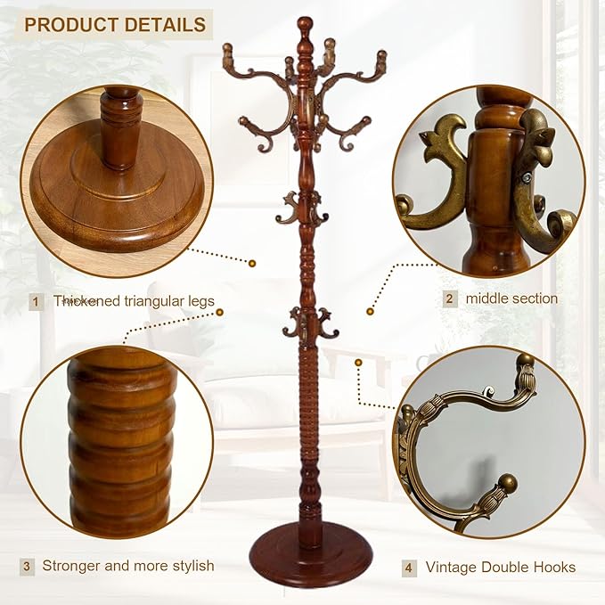 Coat Rack Freestanding with 18 Hooks, Wooden Standing Coat Racks for Entryway, Solid Wood Clothes Hanger Rack with Sturdy Round Base for Entryway, Hall, Bedroom, Office, Hallway (Caramel color)