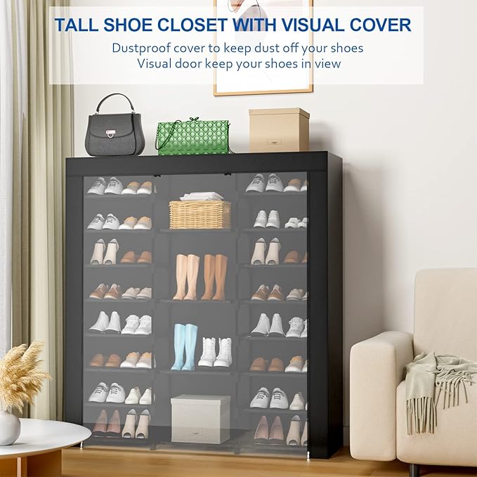 9-Tier Large Tall Shoe Rack with Covers 40-46 Pairs, Sneaker Rack Organizer Shoes Cabinet Closed Shelves Shoe Stand Holder for Garage Bedroom,Zapateras Organizer for Shoes 50 Pares