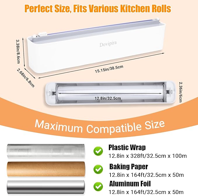 Magnetic Plastic Wrap and Foil Dispenser with Cutter, Fits for Max 12.8In x 328Ft Cling Film, Adhesive Wall Mounted Aluminum Foil and Wrap Organizer Holder for Kitchen