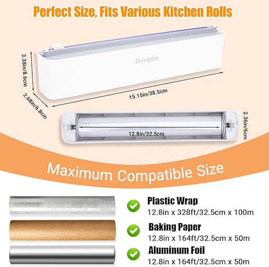Magnetic Plastic Wrap and Foil Dispenser with Cutter, Fits for Max 12.8In x 328Ft Cling Film, Adhesive Wall Mounted Aluminum Foil and Wrap Organizer Holder for Kitchen
