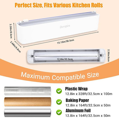 2 Pack Magnetic Plastic Wrap and Foil Dispenser with Cutter, Fits for Max 12.8In x 328Ft Cling Film, Adhesive Wall Mounted Aluminum Foil and Wrap Organizer Holder for Kitchen