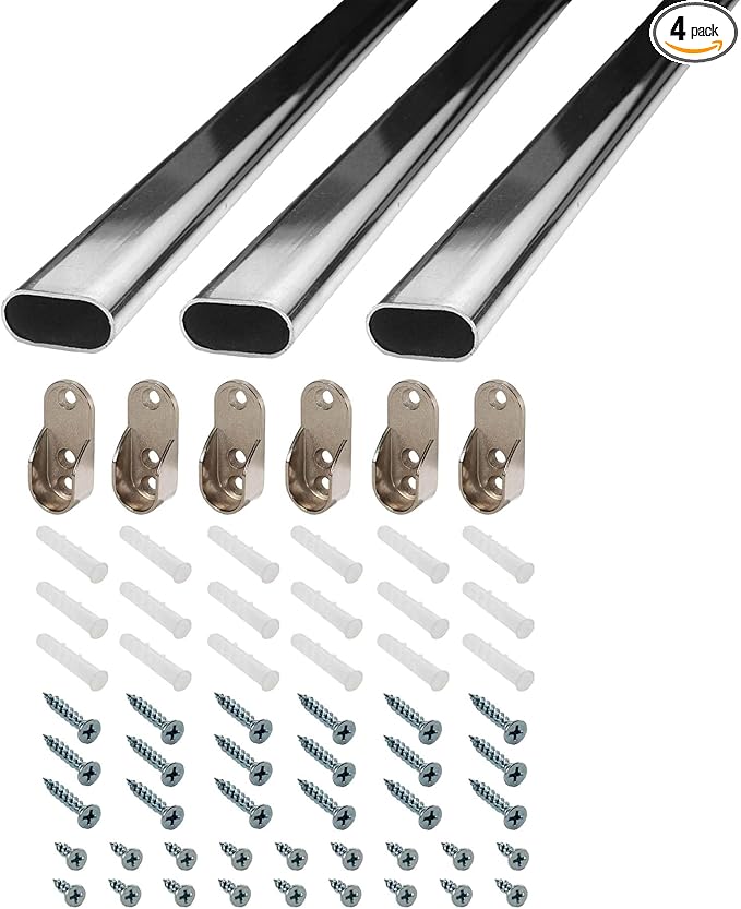 18 inch Long Steel Oval Closet Rod with Hanging Brackets, Wall Anchors, Screws | Polished Chrome Finish | Complete Installation Kit (3 Pack)