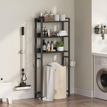 MAHANCRIS Over The Toilet Storage Rack, 3 Tier Bathroom Organizer Over Toilet, Freestanding Space Saver Toilet Stand with 2 Hooks, Bathroom Storage Shelf, Easy to Assemble, Black TSBK6001