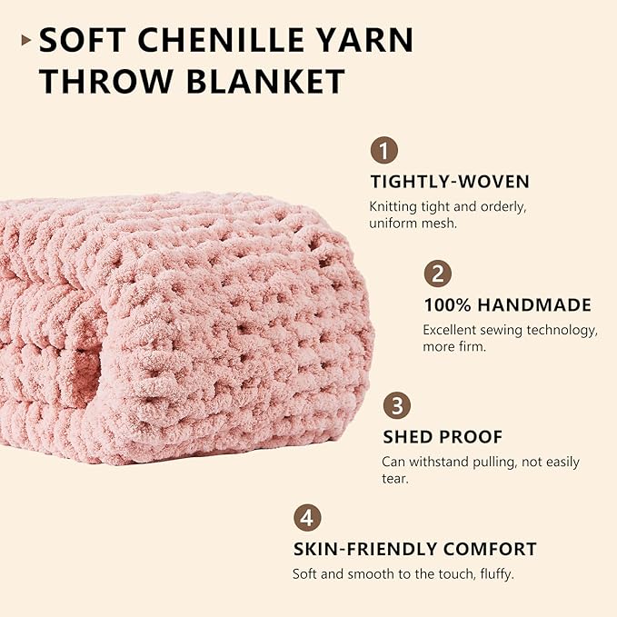 L'AGRATY Chunky Knit Blanket Throw: 80''x90'' Chenille Chunky Knitted Throw Blankets for Bed Couch - Handmade Thick Big Cable Knit Blanket - Large Crochet Rope Blankets for Home Decor(Pink)