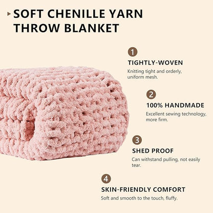 L'AGRATY Chunky Knit Blanket Throw: 72''x84'' Chenille Chunky Knitted Throw Blankets for Bed Couch - Handmade Thick Big Cable Knit Blanket - Large Crochet Rope Blankets for Home Decor(Pink)