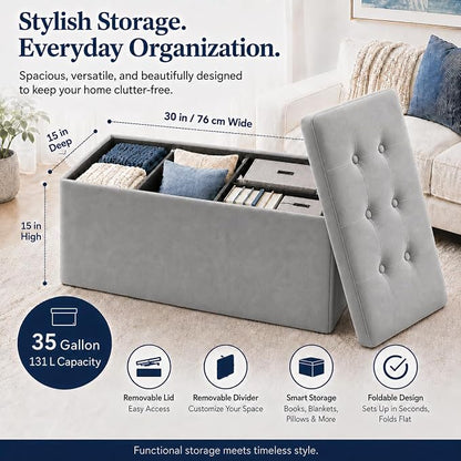 ALASDO 30 Inch Folding Storage Ottoman Bench with Hidden Storage, Velvet Storage Ottoman Foot Rest Stool, End of Bed Bench for Bedroom, Living Room, Entryway and Closet, Dark Gray