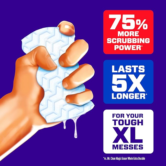 Mr. Clean Magic Eraser Sponge, All Purpose Cleaner, Long Lasting Cleaning Scrubber, Wall, Sneaker, Oven, Kitchen, Bathroom Cleaner, Shower Cleaning Supplies, Whole Home Extra Durable XL, 6ct