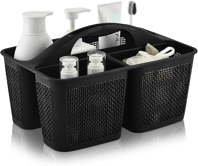 Plastic Black Shower Caddy Basket, Divided Cleaning Portable Shower Basket with Handle Compartments Storage Organizer for Bathroom, College, Kitchen, Dorm Room Essentials
