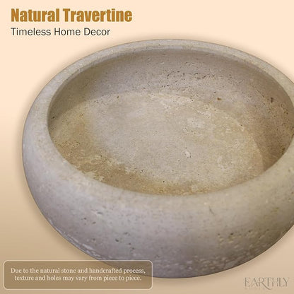 Travertine Decorative Bowl, 7.5” Natural Stone Candy Bowl, Coffee Table Catchall Dish for Living Room, Candle, Key, Trinket Holder & Hand Crafted Home Decor