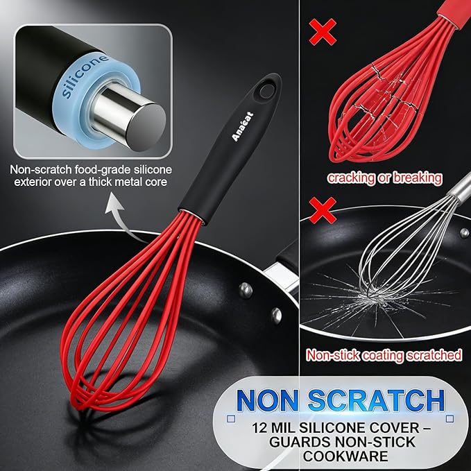 Anaeat Silicone Whisk, Thick Stainless Steel Wire Inner - Heat Resistant Kitchen Whisks for Non-Stick Cookware, Balloon Egg Beater for Whisking, Blending, Beating, Frothing & Stirring (Red)