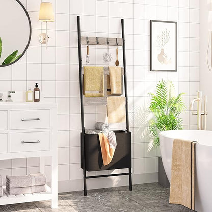 HOOBRO Blanket Ladder with Basket, 17.3”L x 63.4”H, Towel Rack with Hooks, Blanket Holder Rack, Decorative Ladder Shelf, Drying and Display Rack for Bathroom, Living Room, Greige BG31CJ01