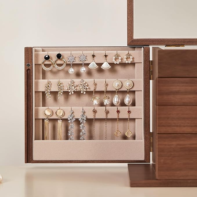 CHOSIN Black Walnut Wooden Jewelry Box, 4-Layer Lockable Wood Jewelry Organizer with Mirror, Side Doors & Brass Handle, Classical Design for Rings, Necklaces, Earrings, Watches, Christmas Gifts
