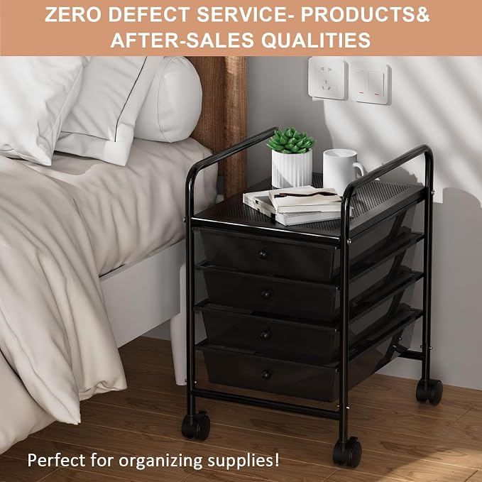 4-Tier Utility Cart with 4 Drawers, Rolling Utility Cart with 2 Lockable Caster Wheels, Multipurpose Mobile Rolling Drawer Cart for Office Bathroom Kitchen, Transparent Black