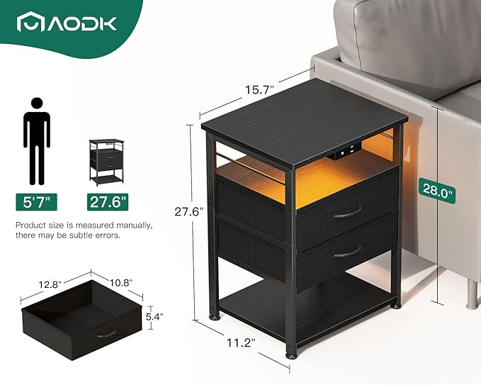 AODK Nightstand with Charging Station & LED Lights, 27.6" Tall Bedside Table with 4-Tier Storage, 2 Fabric Drawers & 2 Open Shelves, Space-Saving End Table for Bedroom & Living Room, Black