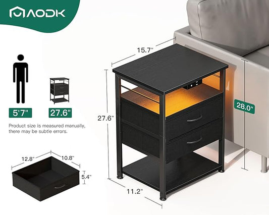 AODK Nightstand with Charging Station & LED Lights, 27.6" Tall Bedside Table with 4-Tier Storage, 2 Fabric Drawers & 2 Open Shelves, Space-Saving End Table for Bedroom & Living Room, Black