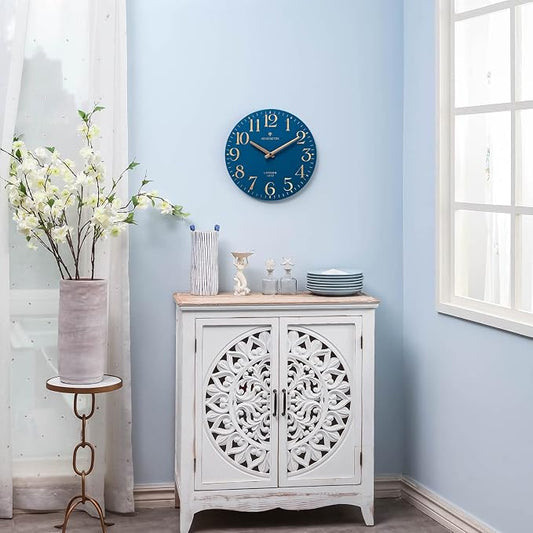 NIKKY HOME Navy Blue Wooden Wall Clock 12 Inch - Battery Operated Silent Non Ticking Clock Decor for Kitchen, Living Room, Bathroom, Office