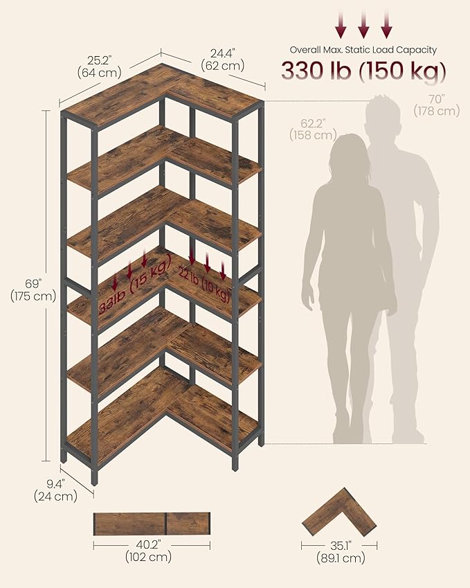 VASAGLE 6 Tier Bookshelf with Metal Frame, Convertible Industrial Corner Shelf, 9.4 x 40.2 x 69 Inches, for Living Room, Bedroom, Home Office, Rustic Brown and Ink Black ULLS606K01