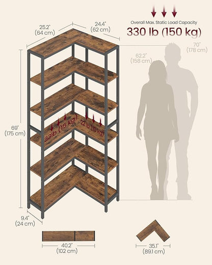 VASAGLE 6 Tier Bookshelf with Metal Frame, Convertible Industrial Corner Shelf, 9.4 x 40.2 x 69 Inches, for Living Room, Bedroom, Home Office, Rustic Brown and Ink Black ULLS606K01