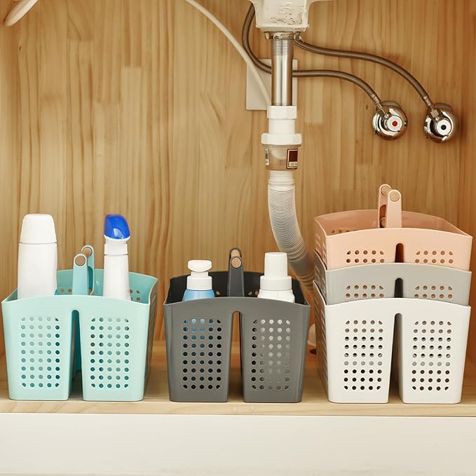 Portable Shower Caddy Basket with Compartments, Plastic Divided Cleaning Caddy Organizer Storage Tote with Handle for Bathroom, College, Dorm Room Essentials, Pink