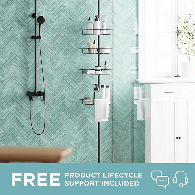 Zenna Home Tension Pole Shower Caddy Corner Organizer, Adjustable Standing Shower Caddy with 4 Baskets and Towel Bar, Rust Resistant Bathroom Tension Rod Organizer, 60 to 97 Inch, Bronze | Adjustable, Built in Towel Bar, Rust-Resistant
