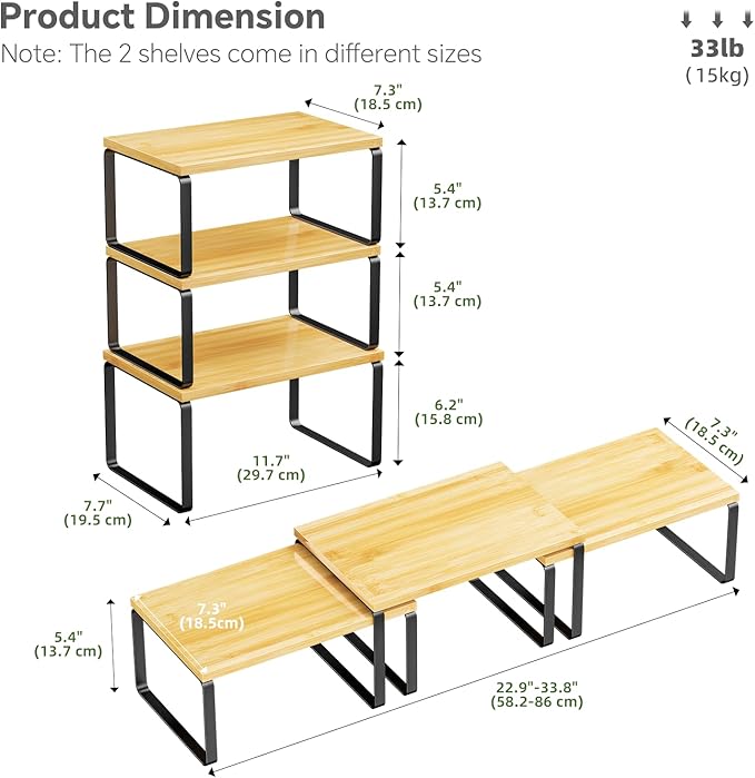 Simple Trending Bamboo Cabinet Organizer Shelf, Set of 3 Kitchen Counter Shelves, Stackable Expandable Spice Rack Kitchen Storage, Black and Natural
