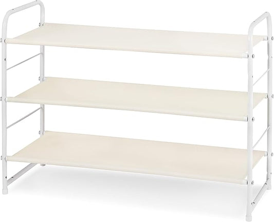 Simple Trending 3-Tier Stackable Shoe Rack, Expandable & Adjustable Fabric Shoe Shelf Storage Organizer, White