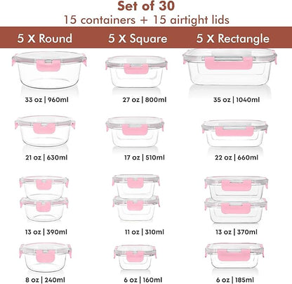 Razab 30 PC Glass Food Storage Containers with Lids - Reusable Glass Meal Prep Containers for Lunch and Leftovers - Airtight & Leakproof Snap Locking Lids - Oven, Freezer, Microwave, Dishwasher Safe