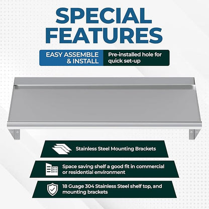 304 Stainless Steel Slanted Wall Rack Shelf with Drain Outlet – 63" x 22.5" | Wall-Mounted Commercial Drip Shelf for Kitchen, Dish Pit, or Back Bar (63 in. x 22 1/2 in)
