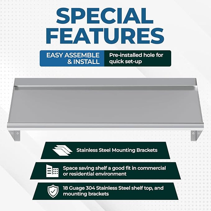 304 Stainless Steel Slanted Wall Rack Shelf with Drain Outlet – 42" x 22.5" | Commercial Wall-Mounted Drip Shelf for Bar, Kitchen, or Dish Station (42 in. x 22 1/2 in)