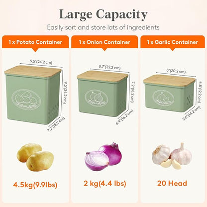 Lifewit Onion and Potato Storage Bin with Aerating Holes and Lid, Stackable Garlic Keeper, Plastic Vegetable Container Box for Kitchen, Green, Set of 3