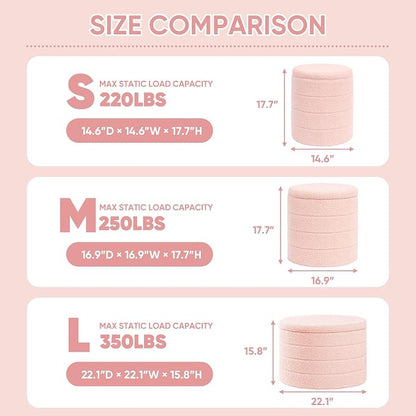 PINPLUS Round Storage Ottoman Foot Rest Stool with Tray Velvet Sherpa Folding Storage Ottoman,Boucle Foot Rest for Living Room, Bedroom, Dorm,Pink Color