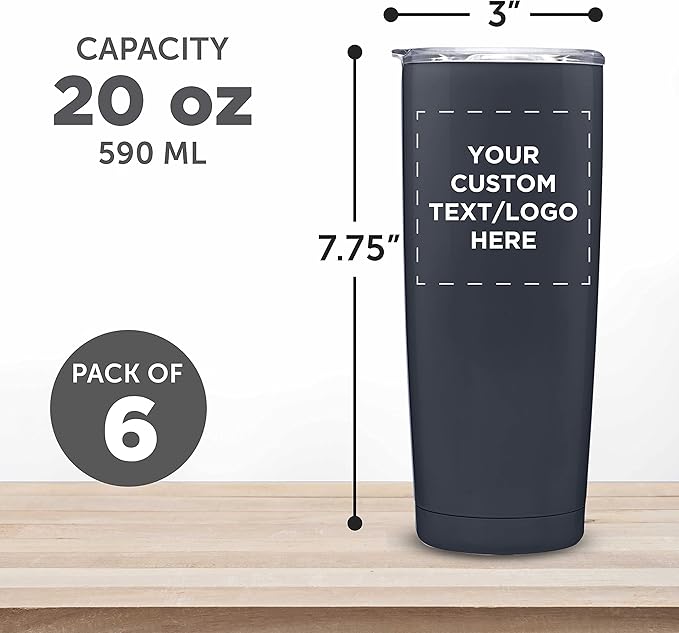 Custom Pipette Stainless Steel Coffee Tumblers 20 oz. Set of 6, Personalized Bulk Pack - Double Wall, Perfect for Coffee, Hot Cocoa, Other Hot & Cold Beverages - Charcoal