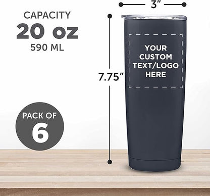 Custom Pipette Stainless Steel Coffee Tumblers 20 oz. Set of 6, Personalized Bulk Pack - Double Wall, Perfect for Coffee, Hot Cocoa, Other Hot & Cold Beverages - Charcoal