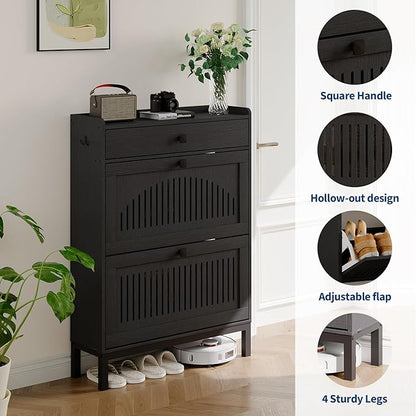Garvee 2 Flip Drawer Shoe Cabinet with Adjustable Shelves, Hidden Shoe Organizer with Top Drawer, Freestanding Wooden Shoe Rack for Entryway, Hallway, Living Room, Black