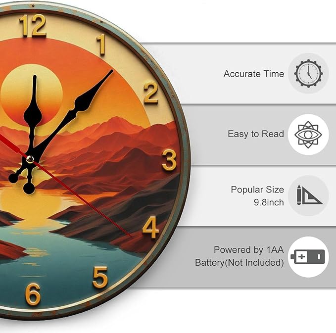 Wall Clock， Sunset Landscape Non Ticking Wall Clocks Battery Operated， Teal Wooden Wall Clocks for Kitchen， Living Room， Bedroom， Office， Bathroom Decorative 25 * 25cm