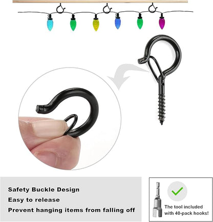 PlusRoc 40 Pack Christmas Light Hooks for Outdoor Seasonal Lighting Hooks, Outdoor Eye Hook Heavy Duty Screw in Q-Hanger, 2.2 Inch Black Cup Hooks, Wall Ceiling Deck Mount