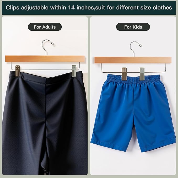 Skirt Hangers 20 Pack Wooden Pants Hangers,Smooth Solid Wood Skirt Hangers,360 Swivel Hooks & Adjustable Clips,for Jeans,Trouser,Shorts,Scarf.(Natural)